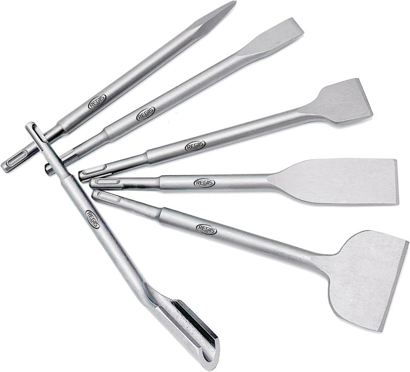 Regiis Tech 6 pcs SDS Plus Chisel Set, Masonry Concrete Drill Bit Set, Tile Removal Chisel Bits for Rotary Hammer with Point Flat Wide Inclined Grooving Scraping Scaling Removing Tile Thinset - Image 1